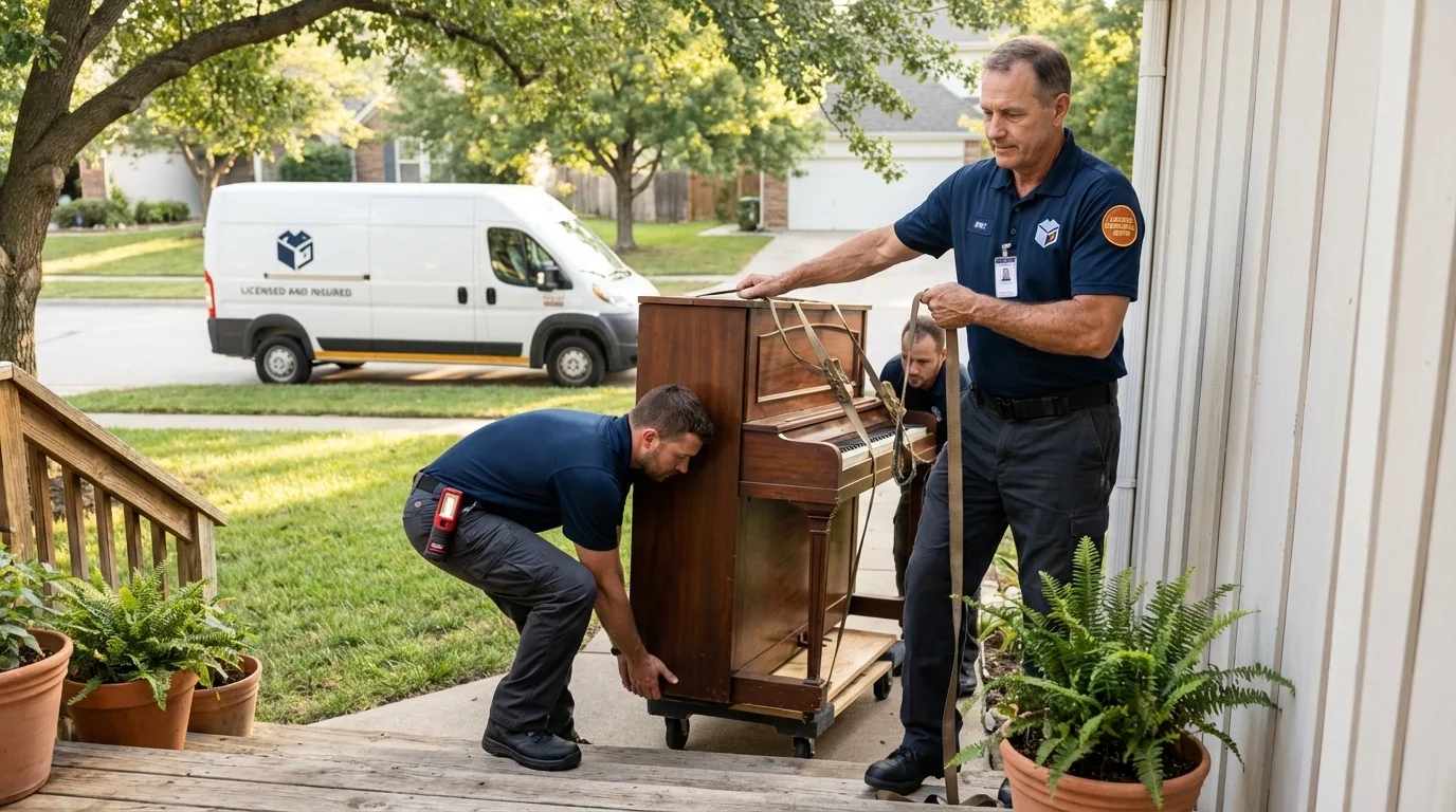 Licensed piano movers securing grand piano in Pennsboro, WV