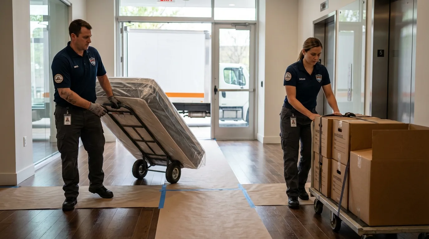 Professional apartment movers loading elevator in Pennsboro, WV