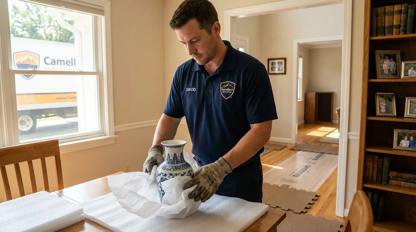 Professional crew carefully wrapping antique vase for senior downsizing move in Pennsboro, WV